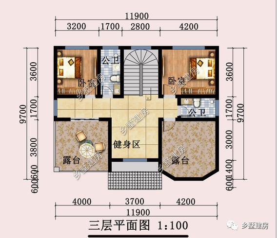 開(kāi)間11.9米，進(jìn)深9.7米的三層歐式住房戶(hù)型圖