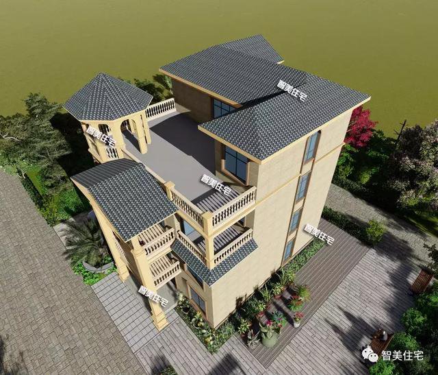 帶露臺涼亭的四層農(nóng)村自建房戶型方案圖，小亭子很漂亮