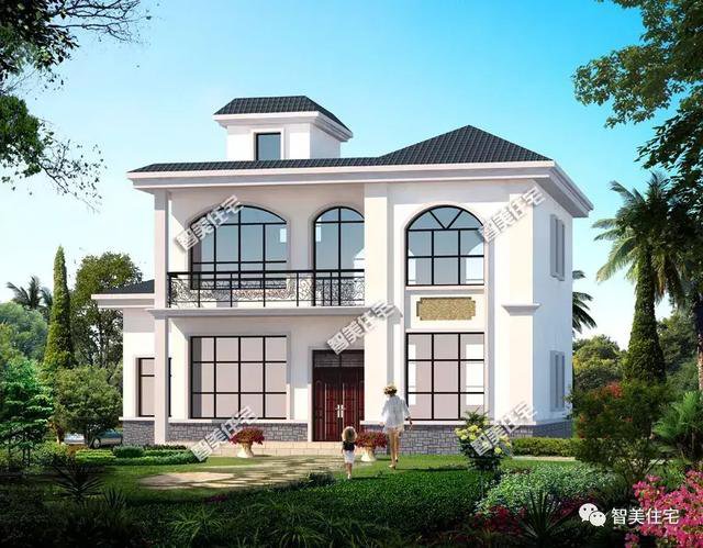 新中式風格住宅戶型圖，一個平屋頂，一個徽派風格