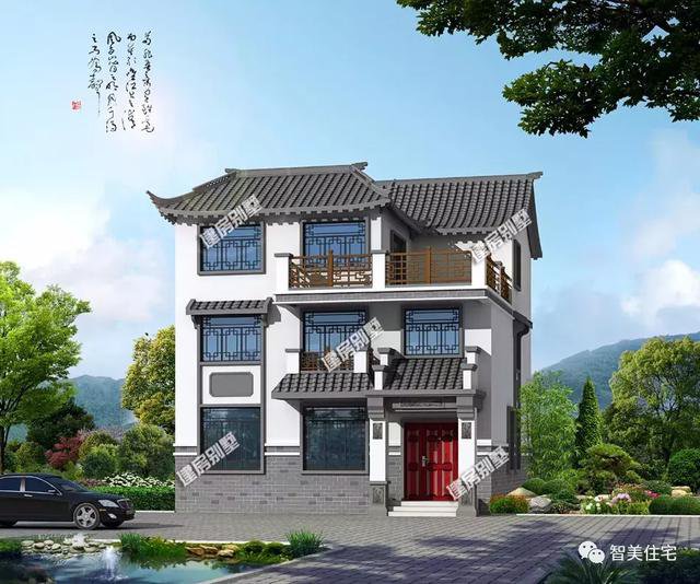 新中式風格住宅戶型圖，一個平屋頂，一個徽派風格