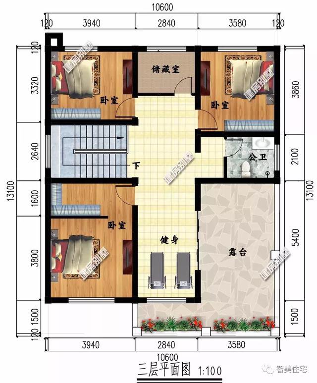 新中式風格住宅戶型圖，一個平屋頂，一個徽派風格