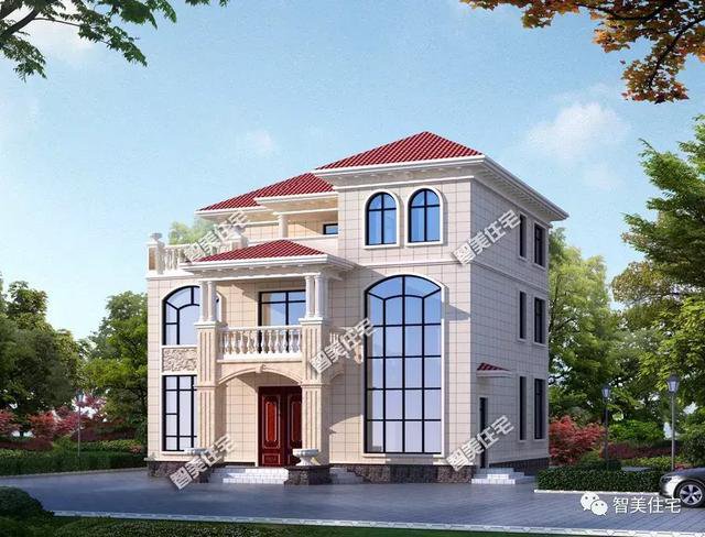 寬12米旋轉(zhuǎn)樓梯復(fù)式三層洋房戶型方案圖，歐式風(fēng)格