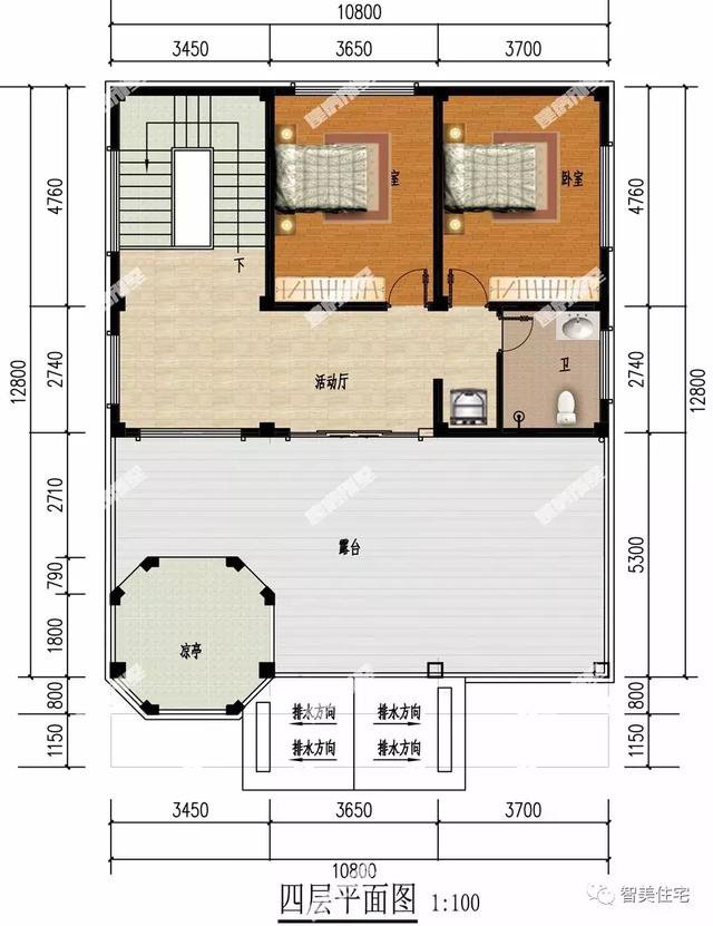 客廳挑空樓頂帶涼亭的四層自建房戶型設(shè)計(jì)圖，旋轉(zhuǎn)樓梯