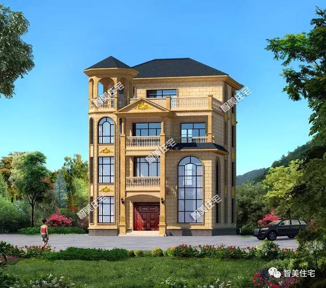 客廳挑空樓頂帶涼亭的四層自建房戶型設(shè)計(jì)圖，旋轉(zhuǎn)樓梯