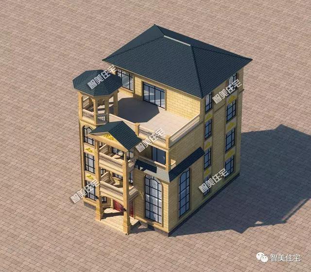 客廳挑空樓頂帶涼亭的四層自建房戶型設(shè)計(jì)圖，旋轉(zhuǎn)樓梯