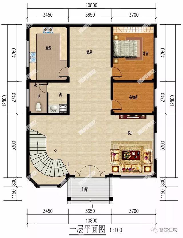 客廳挑空樓頂帶涼亭的四層自建房戶型設(shè)計(jì)圖，旋轉(zhuǎn)樓梯