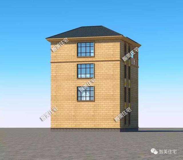 客廳挑空樓頂帶涼亭的四層自建房戶型設(shè)計(jì)圖，旋轉(zhuǎn)樓梯