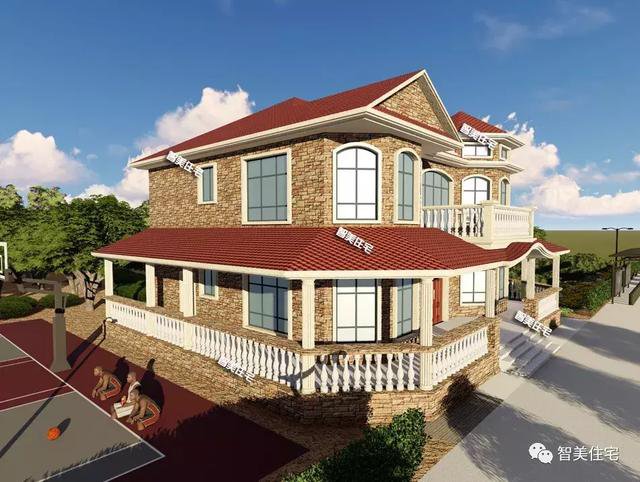 16.9×13.8米農(nóng)村二層半住宅戶型方案圖，純歐式風(fēng)格