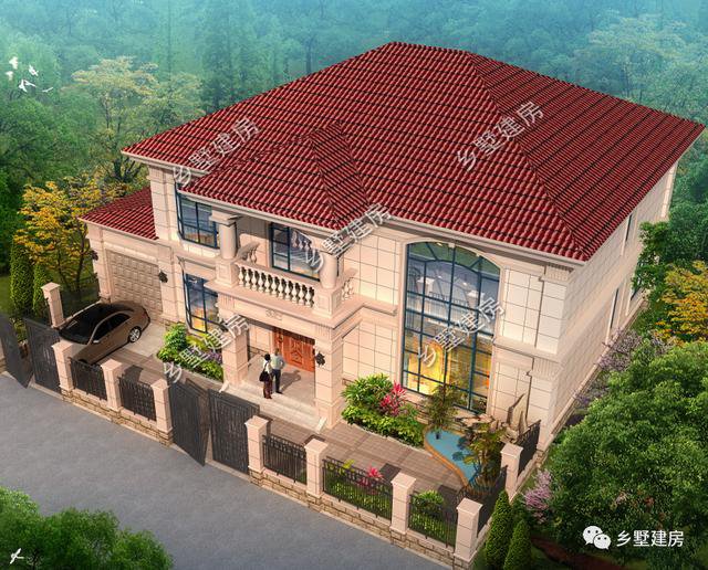 14×13米的二層小洋樓戶型方案圖，復(fù)式中空客廳