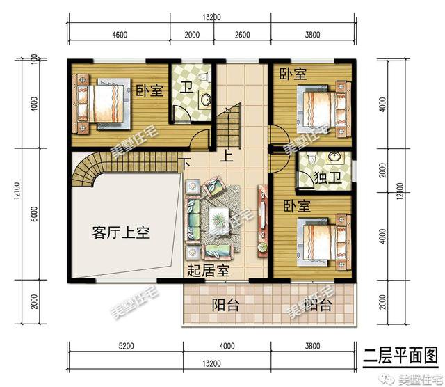 13.2×12.1米三層簡歐別墅方案平面圖，戶型端正