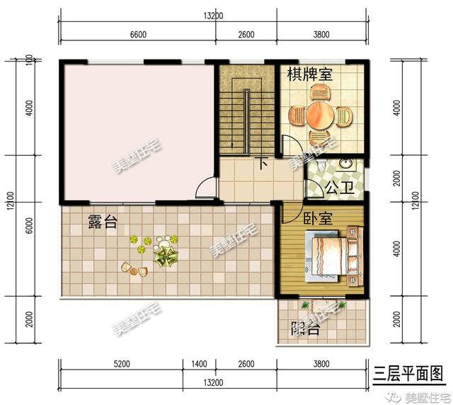 13.2×12.1米三層簡歐別墅方案平面圖，戶型端正