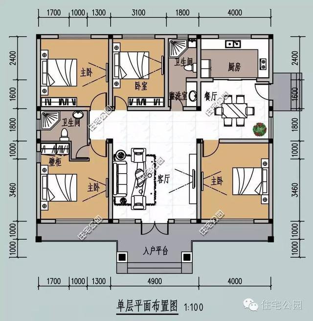 6套一層自建住宅戶型圖，坡屋頂和平屋頂?shù)亩加? src="/uploads/allimg/191011/09341M643-8.jpg" img_width="800" img_height="508" inline="0" style="-webkit-tap-highlight-color: transparent; box-sizing: border-box; border-style: none; max-width: 100%; display: block; margin: 10px auto;" /></p>
<p style="-webkit-tap-highlight-color: transparent; box-sizing: border-box; margin: 16px 0px; padding: 0px; color: rgb(34, 34, 34); font-family: "PingFang SC", "Hiragino Sans GB", "Microsoft YaHei", "WenQuanYi Micro Hei", "Helvetica Neue", Arial, sans-serif; font-size: 16px;">平面布局圖</p>
<p style="-webkit-tap-highlight-color: transparent; box-sizing: border-box; margin: 16px 0px; padding: 0px; color: rgb(34, 34, 34); font-family: "PingFang SC", "Hiragino Sans GB", "Microsoft YaHei", "WenQuanYi Micro Hei", "Helvetica Neue", Arial, sans-serif; font-size: 16px;">4間臥室的設(shè)計(jì)，主臥帶獨(dú)立衛(wèi)生間，另外3間臥室共用1間衛(wèi)生間。</p>
<p style="-webkit-tap-highlight-color: transparent; box-sizing: border-box; margin: 16px 0px; padding: 0px; color: rgb(34, 34, 34); font-family: "PingFang SC", "Hiragino Sans GB", "Microsoft YaHei", "WenQuanYi Micro Hei", "Helvetica Neue", Arial, sans-serif; font-size: 16px;"><img alt=