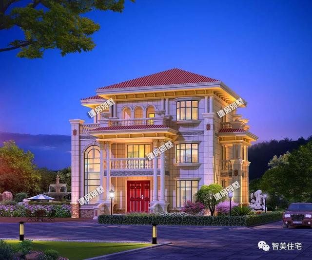 2棟比較豪的三層歐式農村住房戶型方案圖，第二棟還帶地下室