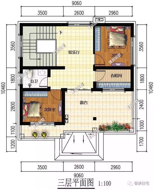面寬9米平屋頂三層簡約住房戶型方案圖，兩層半帶露臺