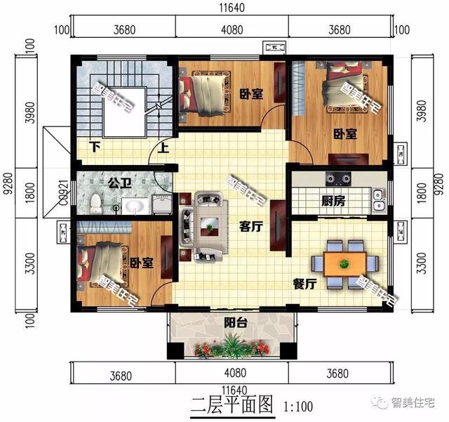 11.6×9.2米農(nóng)村自建房戶型圖，平屋頂加大露臺(tái)設(shè)計(jì)