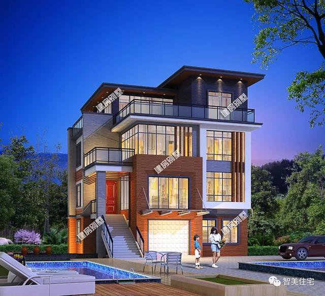 2棟外觀時(shí)尚的現(xiàn)代風(fēng)別墅戶型圖，平屋頂設(shè)計(jì)，一棟2層，一棟4層