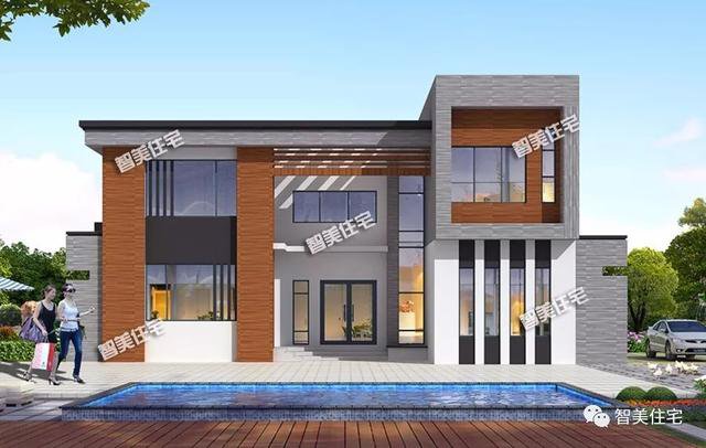 2棟外觀時(shí)尚的現(xiàn)代風(fēng)別墅戶型圖，平屋頂設(shè)計(jì)，一棟2層，一棟4層