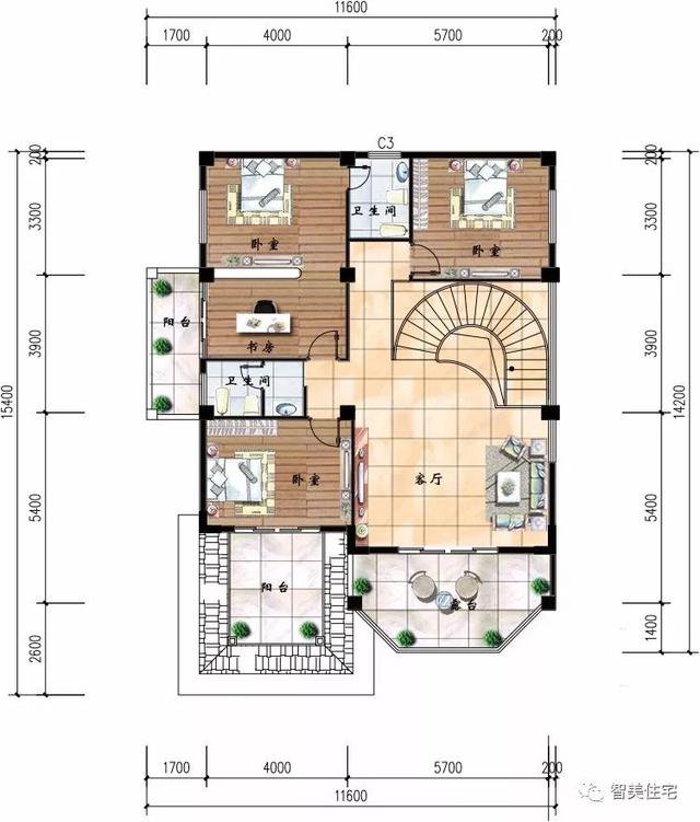 2棟客廳挑空的簡歐式三層自建樓設(shè)計(jì)圖，第二款是爆款