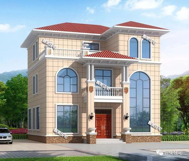 造價38萬配大落地窗簡歐三層樓房戶型方案圖，農(nóng)村自建超值