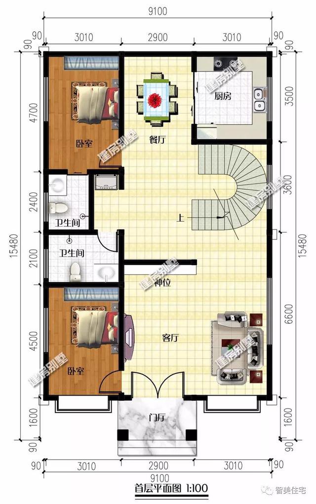 面寬8-9米的農(nóng)村四層自建樓房戶型方案圖，小宅基地首選