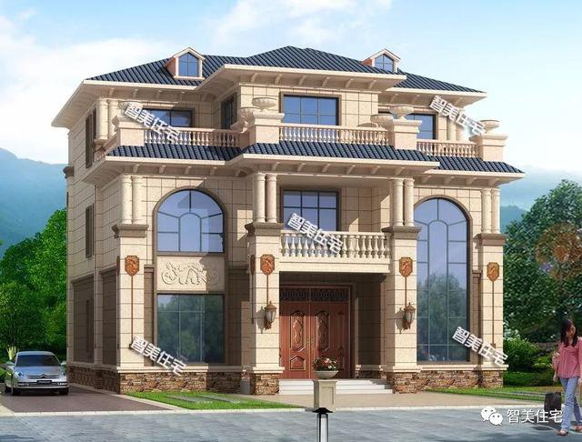 客廳挑空帶堂屋三層歐式自建房圖，湖南、湖北建的多