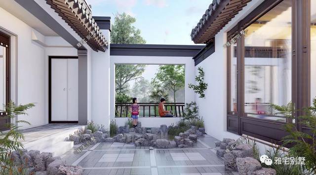 農(nóng)村中式合院別墅戶型方案圖，連廊入戶，院內(nèi)水景