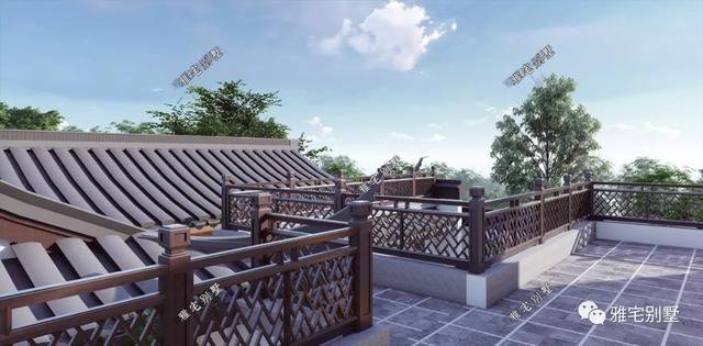 農(nóng)村中式合院別墅戶型方案圖，連廊入戶，院內(nèi)水景