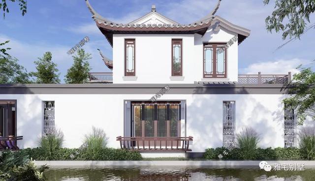 農(nóng)村中式合院別墅戶型方案圖，連廊入戶，院內(nèi)水景