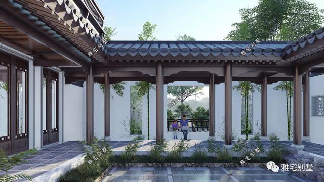 農(nóng)村中式合院別墅戶型方案圖，連廊入戶，院內(nèi)水景