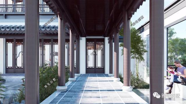 農(nóng)村中式合院別墅戶型方案圖，連廊入戶，院內(nèi)水景