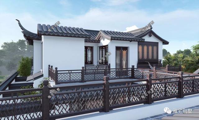 農(nóng)村中式合院別墅戶型方案圖，連廊入戶，院內(nèi)水景