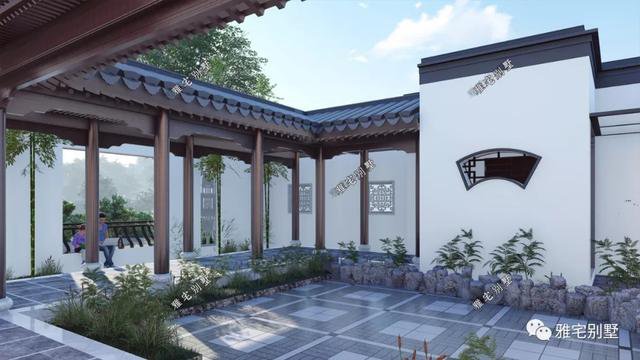 農(nóng)村中式合院別墅戶型方案圖，連廊入戶，院內(nèi)水景