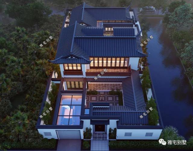 農(nóng)村中式合院別墅戶型方案圖，連廊入戶，院內(nèi)水景