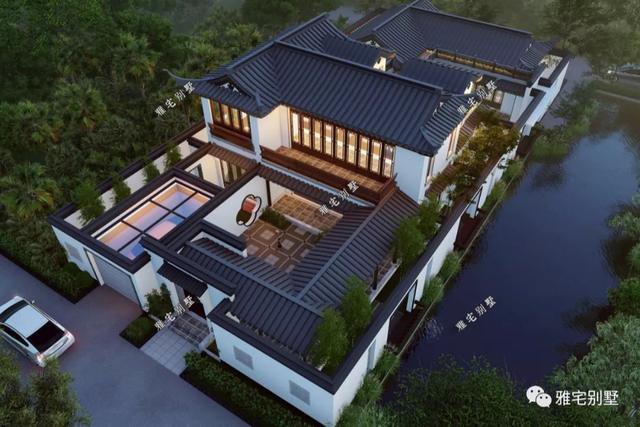 農(nóng)村中式合院別墅戶型方案圖，連廊入戶，院內(nèi)水景