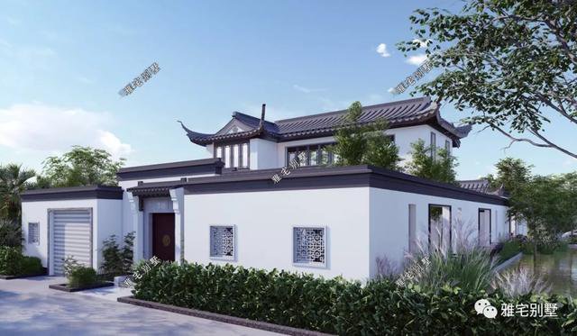 農(nóng)村中式合院別墅戶型方案圖，連廊入戶，院內(nèi)水景