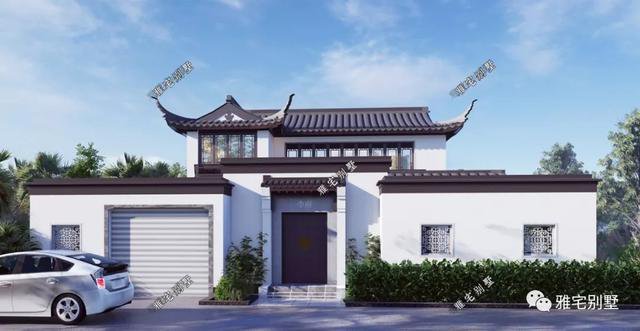 農(nóng)村中式合院別墅戶型方案圖，連廊入戶，院內(nèi)水景