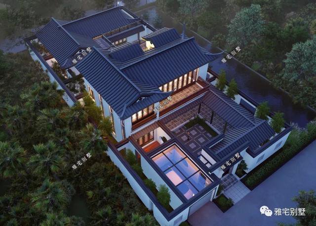 農(nóng)村中式合院別墅戶型方案圖，連廊入戶，院內(nèi)水景