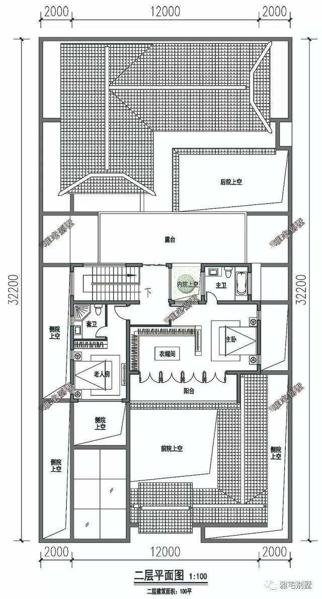農(nóng)村中式合院別墅戶型方案圖，連廊入戶，院內(nèi)水景