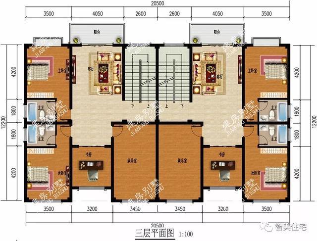 大廳共用的雙拼3層戶型別墅設(shè)計(jì)圖，兄弟倆一起住豪宅