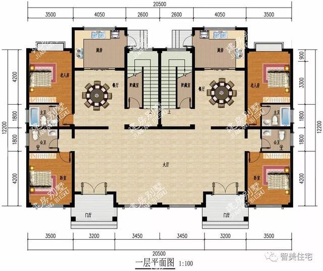 大廳共用的雙拼3層戶型別墅設(shè)計(jì)圖，兄弟倆一起住豪宅
