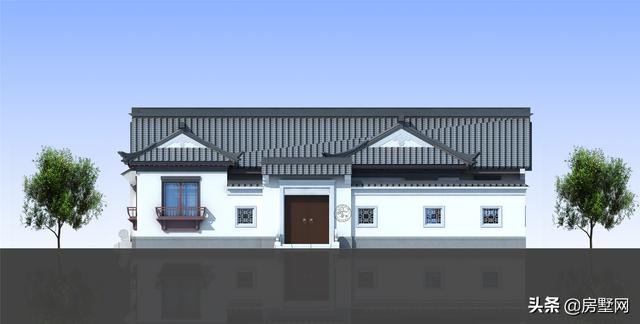 一層精品帶庭院中式別墅戶型圖及外觀圖，前后都有庭院