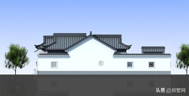 一層精品帶庭院中式別墅戶型圖及外觀圖，前后都有庭院