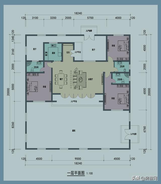 一層精品帶庭院中式別墅戶型圖及外觀圖，前后都有庭院