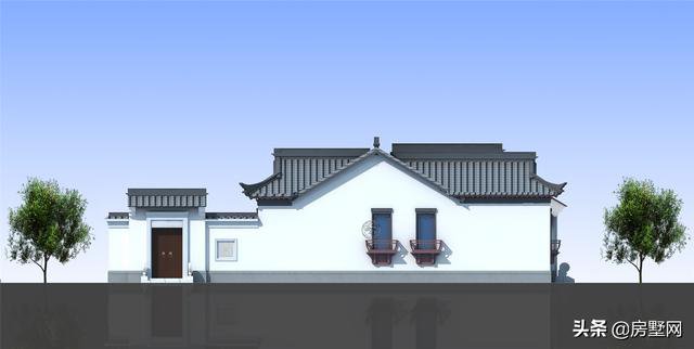 一層精品帶庭院中式別墅戶型圖及外觀圖，前后都有庭院