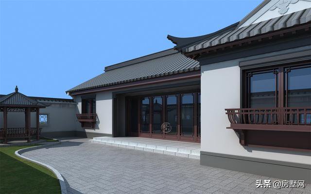 一層精品帶庭院中式別墅戶型圖及外觀圖，前后都有庭院