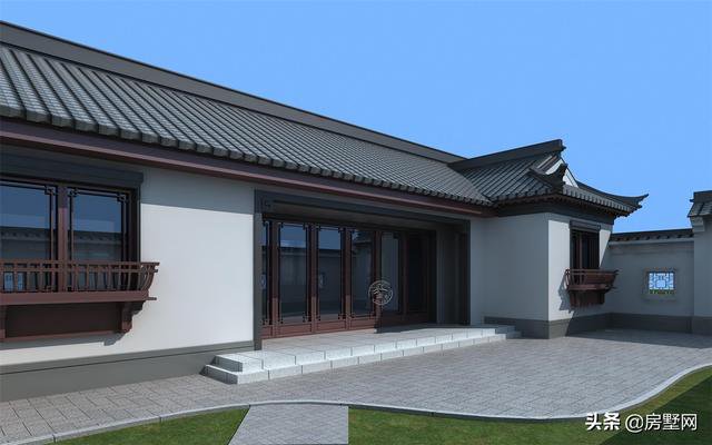 一層精品帶庭院中式別墅戶型圖及外觀圖，前后都有庭院