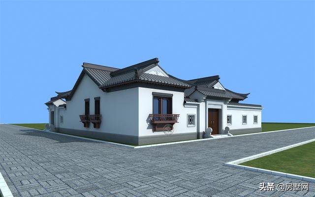 一層精品帶庭院中式別墅戶型圖及外觀圖，前后都有庭院