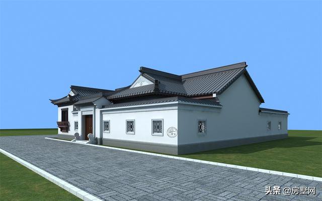 一層精品帶庭院中式別墅戶型圖及外觀圖，前后都有庭院