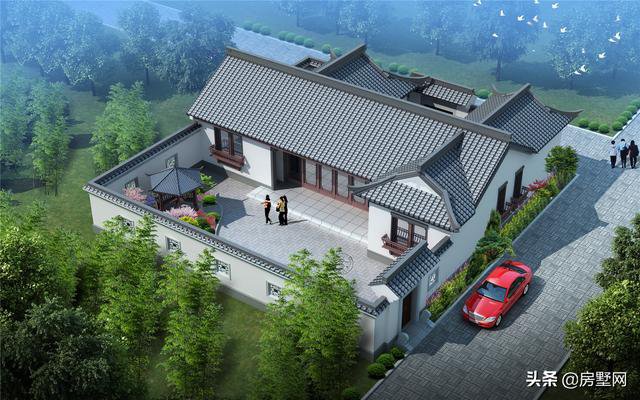 一層精品帶庭院中式別墅戶型圖及外觀圖，前后都有庭院