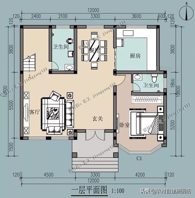 12×10.5m時尚二層農(nóng)村自建房設計圖紙，5室3廳4衛(wèi)